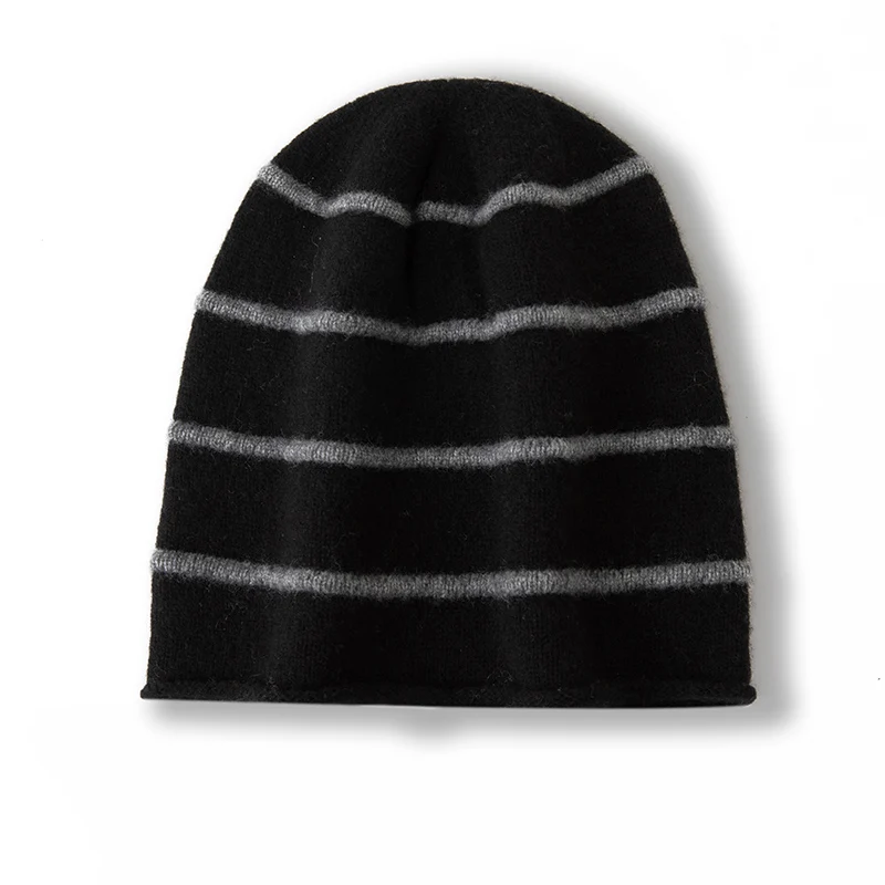 100% Australian pure cashmere hat, same style for men and women, warm, versatile, striped, basic style, 2024 autumn and winter