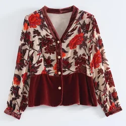 Spring and Autumn Women's V-neck Button Print Panel Loose Fit Ruffles Long Sleeve Shirt Fashion Elegant Commuter Casual Tops