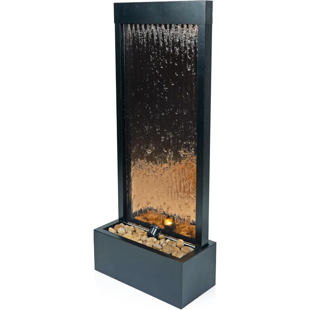 

- mirror waterfall fountain with stones & lights - zen indoor/outdoor decor for office, living room, patio, entryway - 48 inche