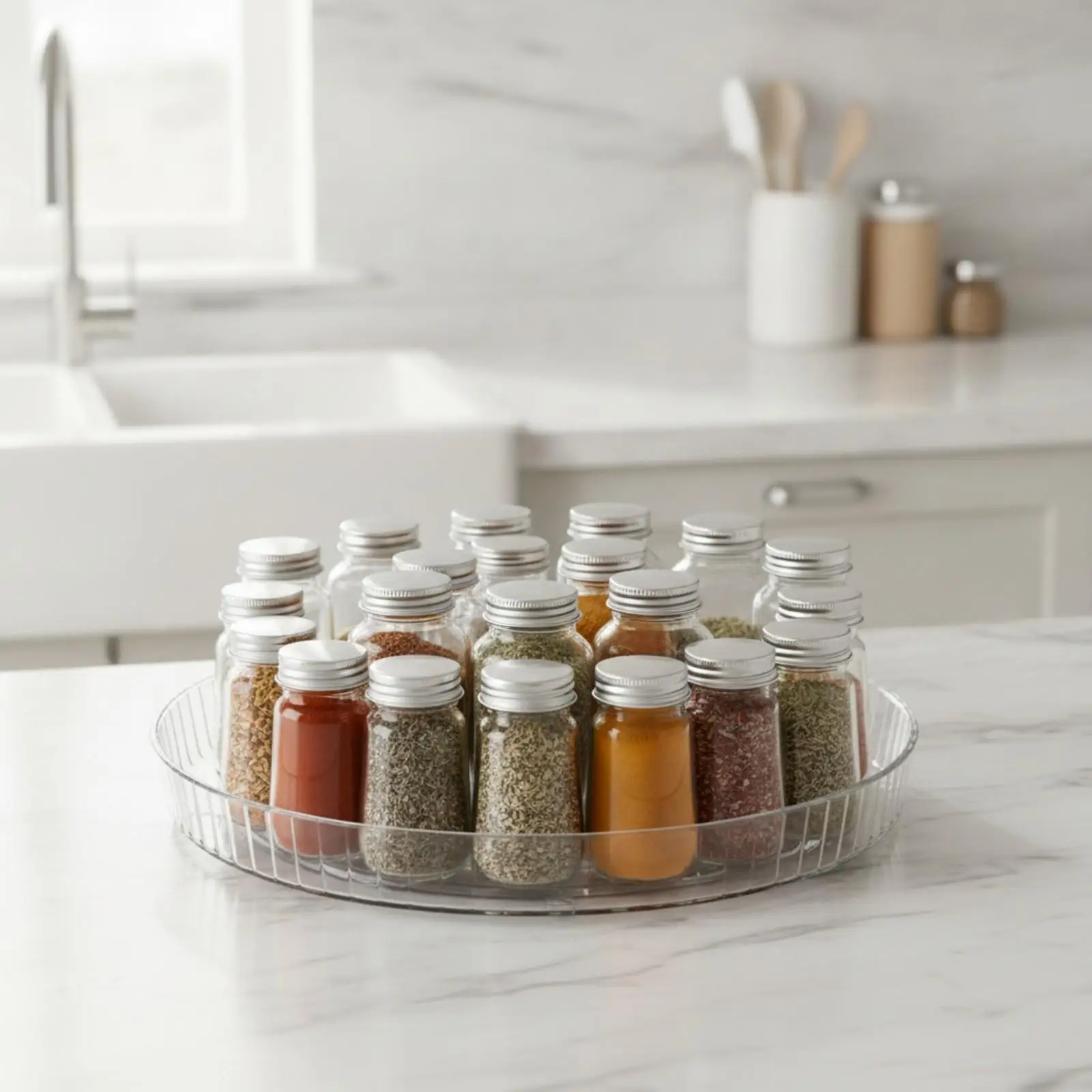 Spinning Kitchen Corner Rack Portable PET Storage Bin for Toiletries Condiments Makeup Organizer Raised Rim Design