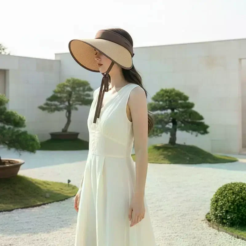 Summer Women's Big Brim Vinyl Empty Top Hat Foldable Riding Shade Surround Hat Straw Hat Removable Sunscreen Hat