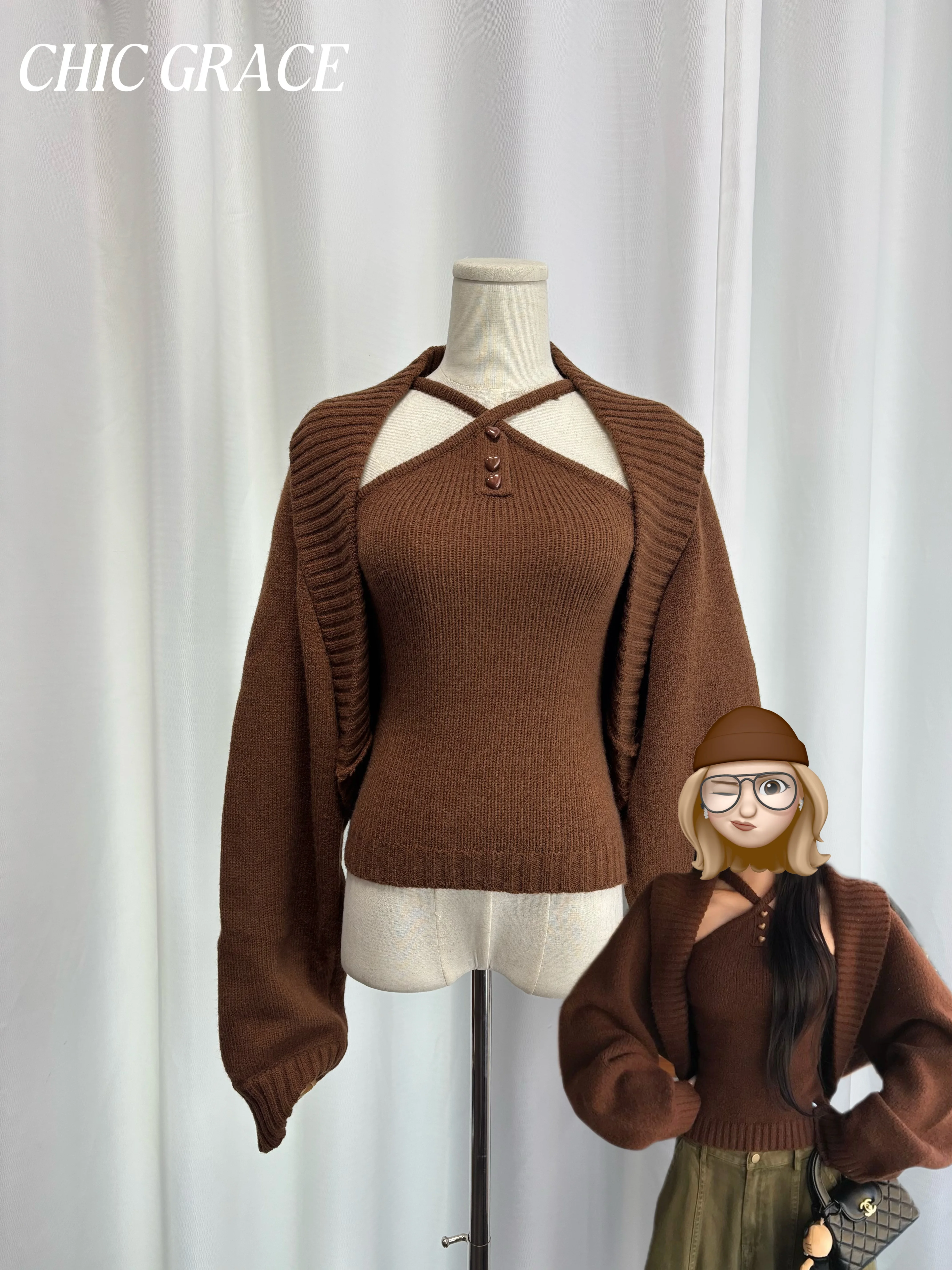 

Real shot 2025 New Women's Knitwear Set Korean Lazy Style Loose Knit Cardigan with Halter Camisole Solid Color Slim V-neck Sweat