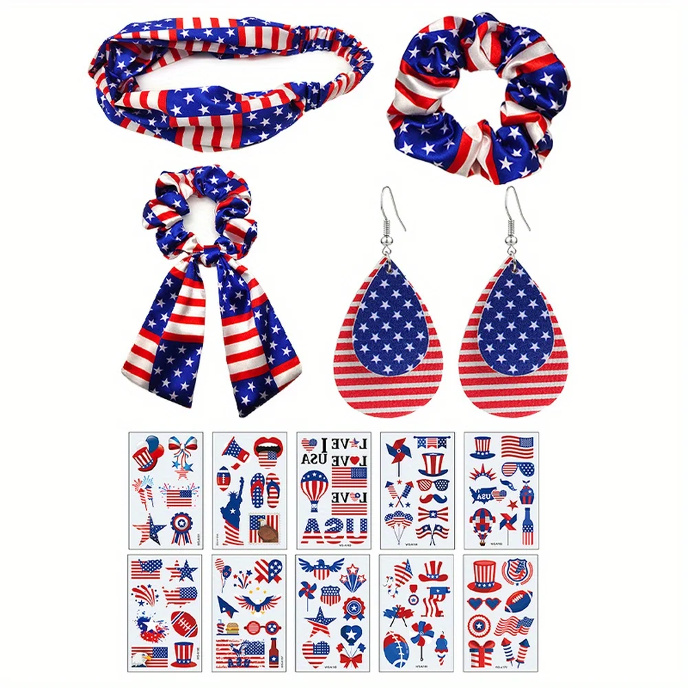 

Independence Day party dress up with blue, white, red color scheme, headwear, earrings, tattoo stickers and other accessories