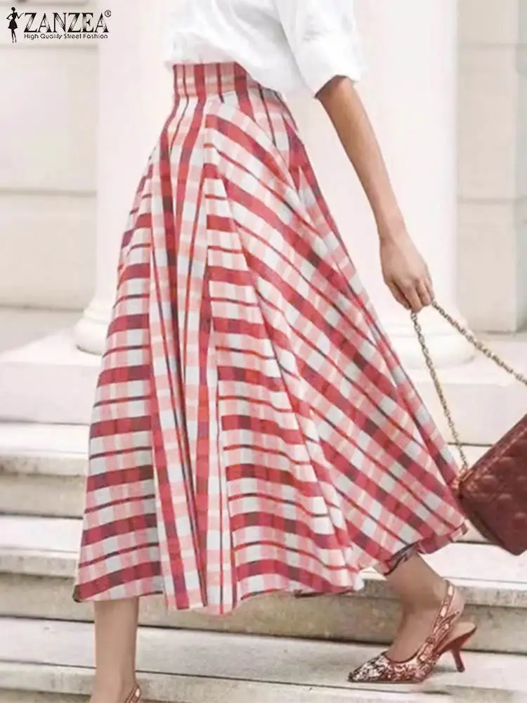 

ZANZEA Fashion Holiday Skirts Casual Irregular Checked Jupes 2024 Autumn A-Line Mid-calf Faldas Elegant High Waist Overskirts