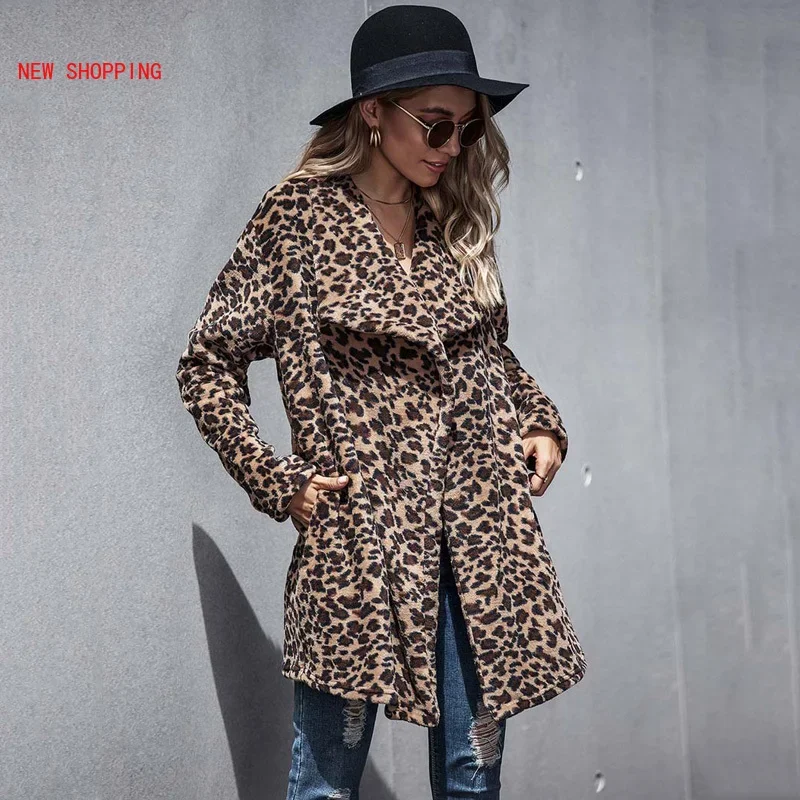 New Women Plush Teddy Coat Autumn Winter Leopard Faux Fur Coats Women Lapel Faux Fur Fluffy Long Teddy Jacket Female Thick Warm