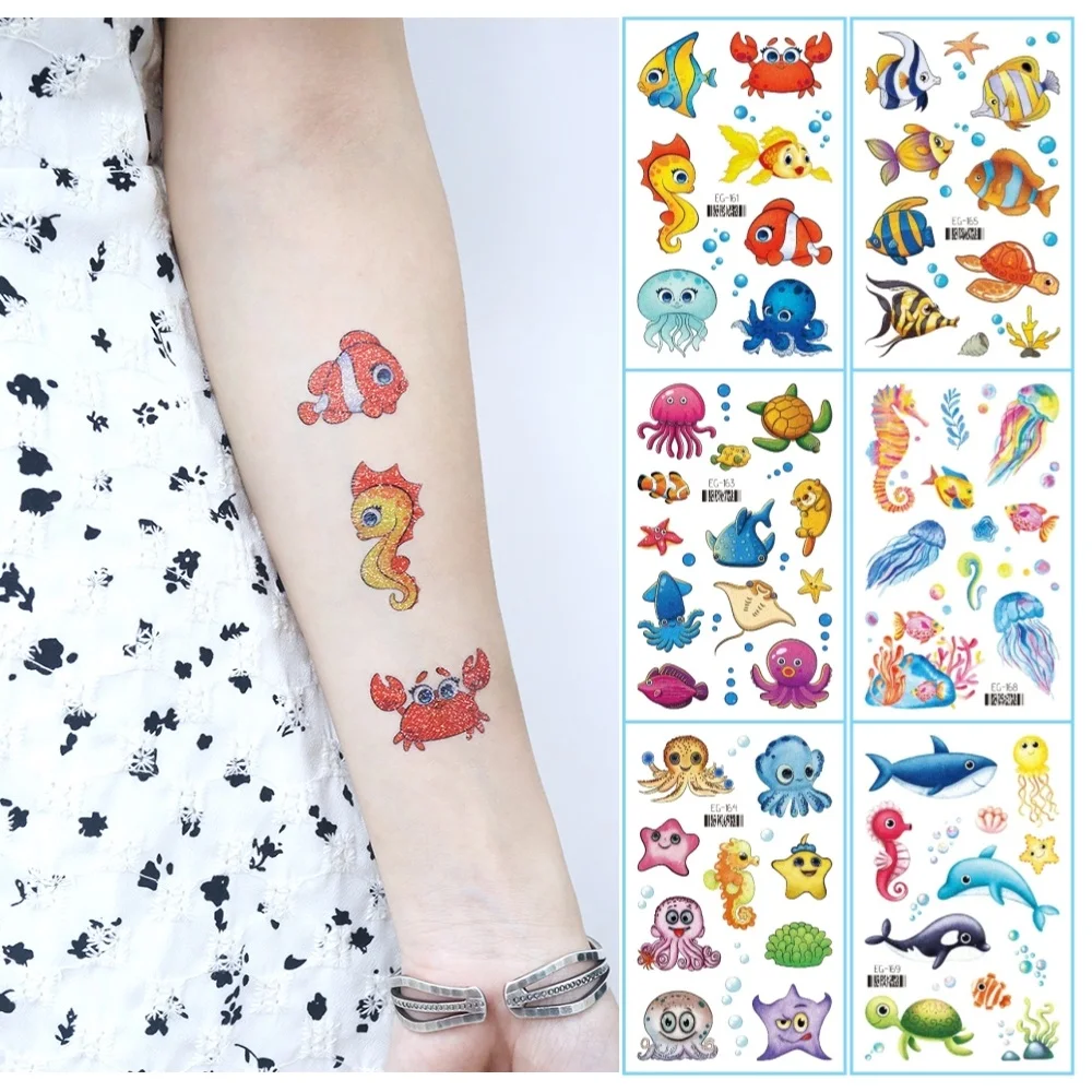 Cartoon Marine Fish Glitter Powder Temporary Tattoo Disposable Children Make-up Animal Stickers tatouage temporaire Waterproof