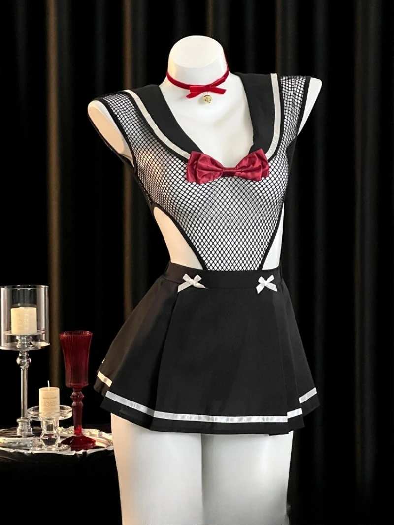 

Black Fishnet Schoolgirl Uniform for Women,Sexy Campus Lingerie,One-Piece See-through Roleplay Costume,Seductive Cosplay Set