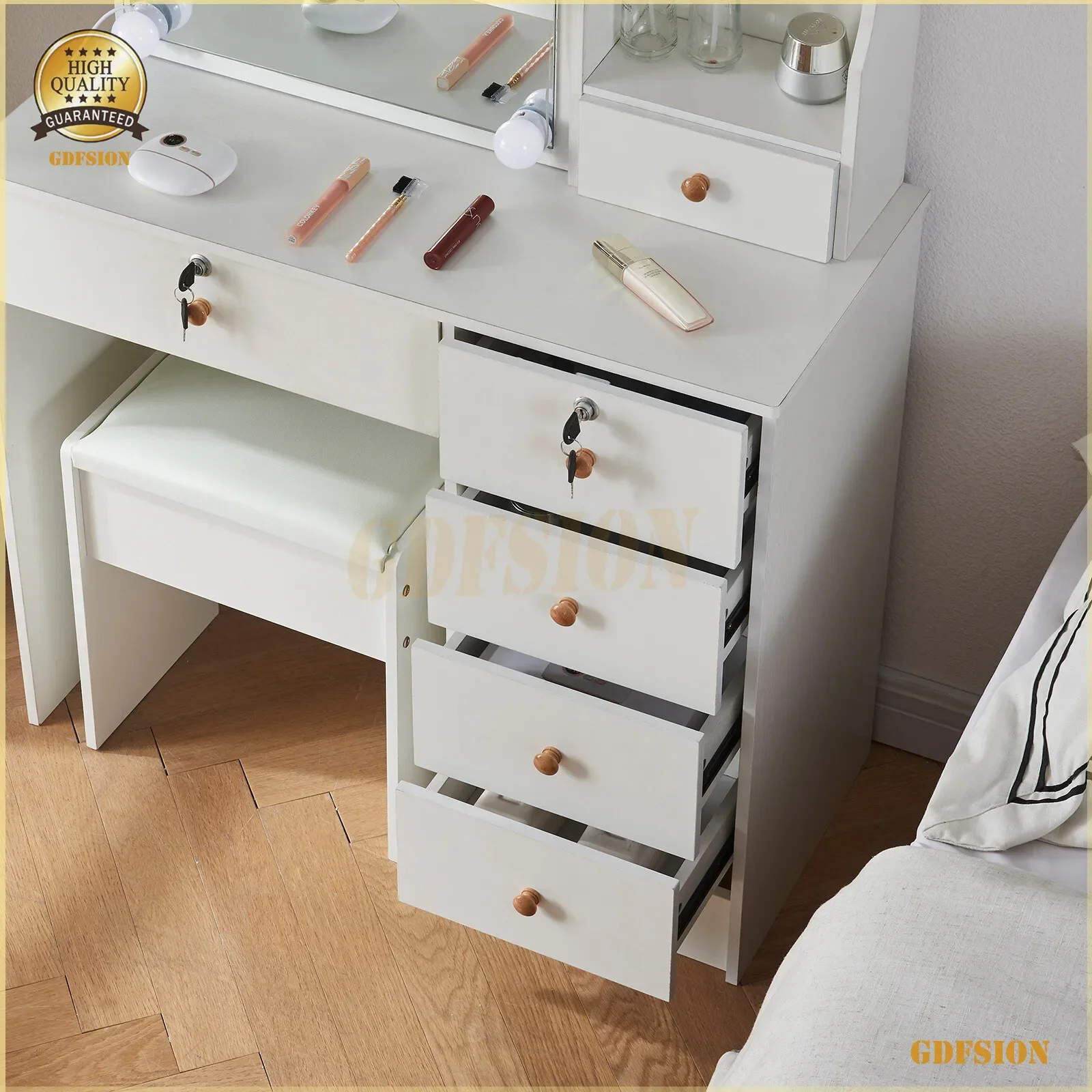 طاولة تزيين بيضاء مع مرآة منزلقة ومقعد مكون من 6 أدراج للمكياج
