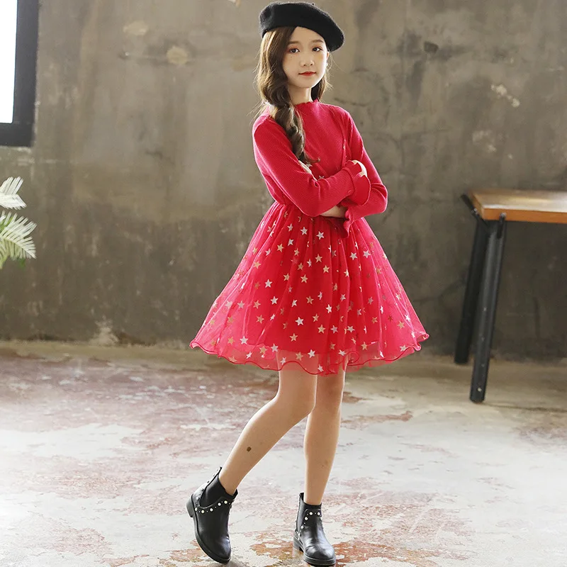 

Korean Autumn Kids Girls Dress Star Printed Mesh Splicing Children Girls Dress Round Neck Long Sleeves Baby Girls Princess Dress