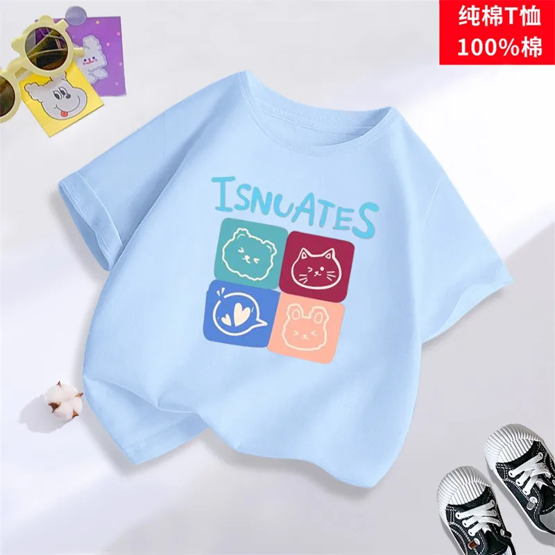 2026 New Four Palace Grid Little Bear Girls' T-shirt Short Sleeve Summer Top Summer Boys' Cartoon Top Parent Child Wear