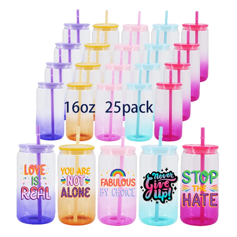 USA Warehouse 25Pack 16oz Sublimation Gradient Ombre Candy Clear High Borosilicate Glass Can Colored Cups Colorful Lid Straw