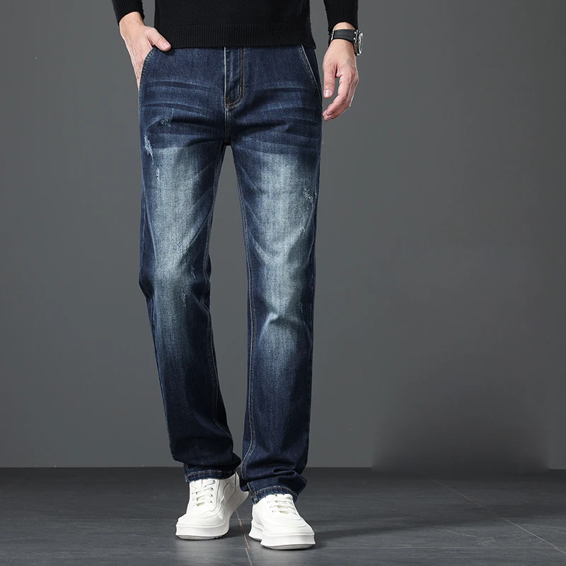 

Осень и зима, новые стили, мужские свободные прямые эластичные джинсы, повседневные темно-синие джинсовые брюки с высокой талией для мужчин