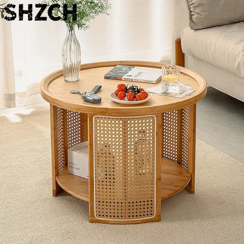 Rattan Round Side Table Double Layer Bohemian Wabi Sabi Coffee Nightstand