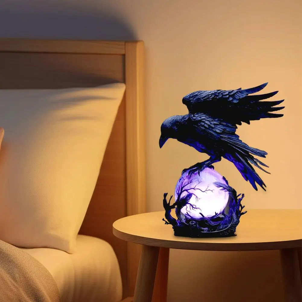 

Raven's Moonlight Gothic Creative LED Lamp Black Crow Statue Glowing Halloween Home Decorations Table Lamp Scary Ornaments
