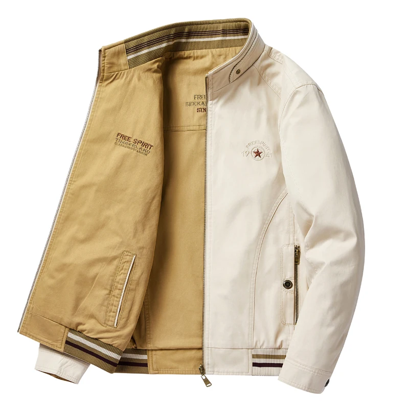 

Двусторонняя хлопковая куртка для мужчин, весна-осень, свободный крой, повседневная верхняя одежда, воротник-стойка, на молнии, длинный рукав