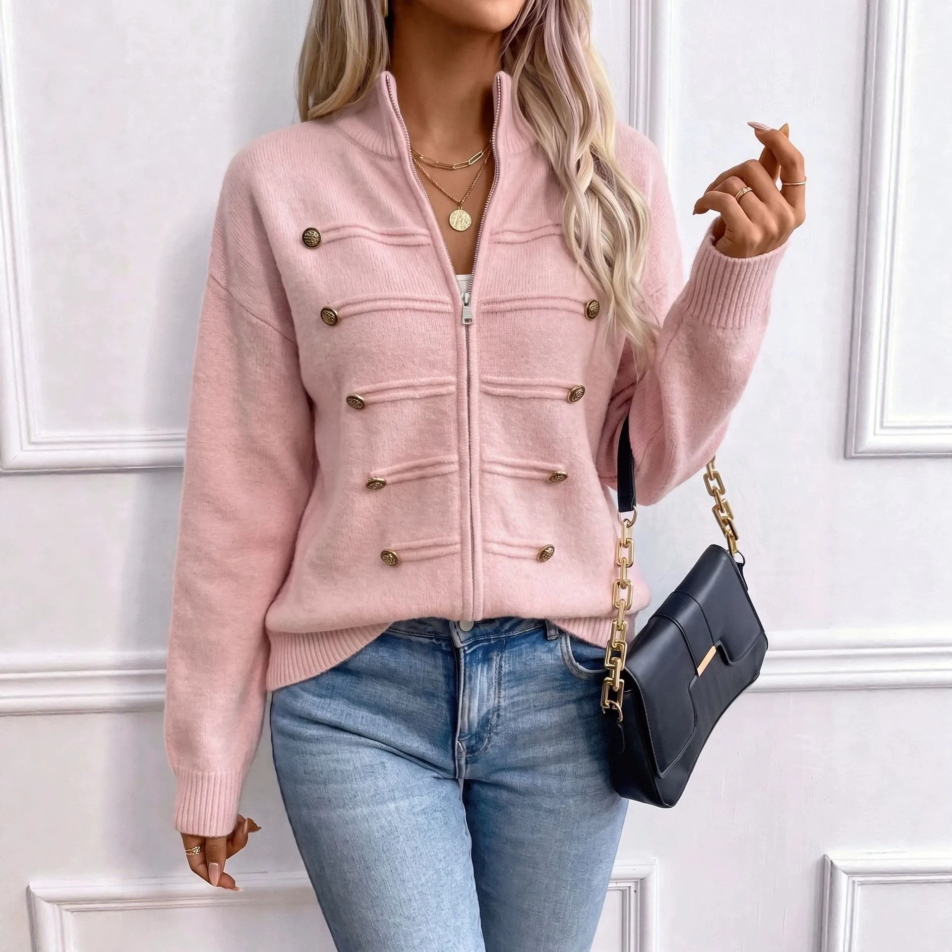 Stand Collar Zipper Jacket with Long Sleeve Thick Loose Fit Regular Length Elegant Business Casual Cardigan for Women Autumn