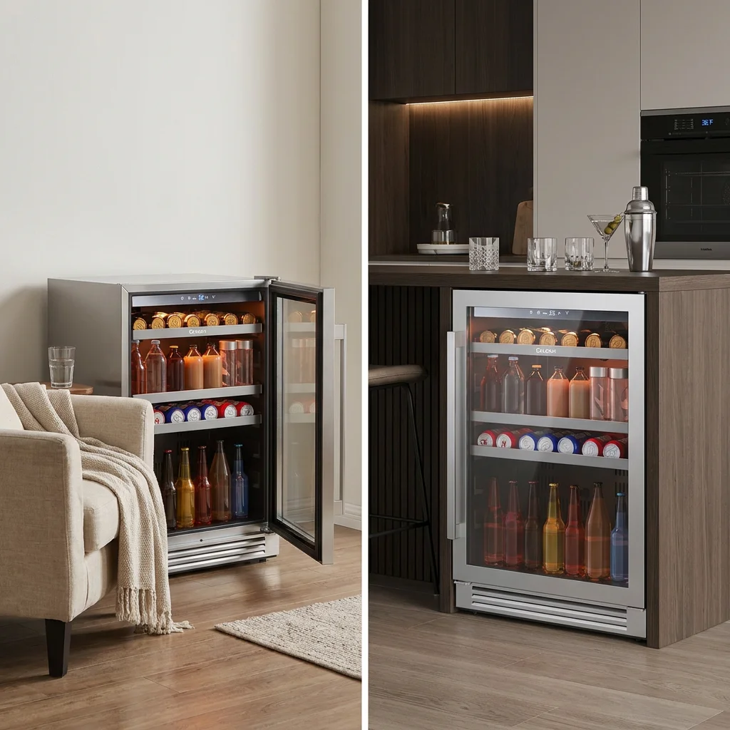 CaLefort 5.65 Cuft Beverage Refrigerator 140 Cans 120z 34-54℉ Single-Zone Beverage mini Fridge with Three Color Lights Built-in/Freestanding/Undercounter Beer Cooler