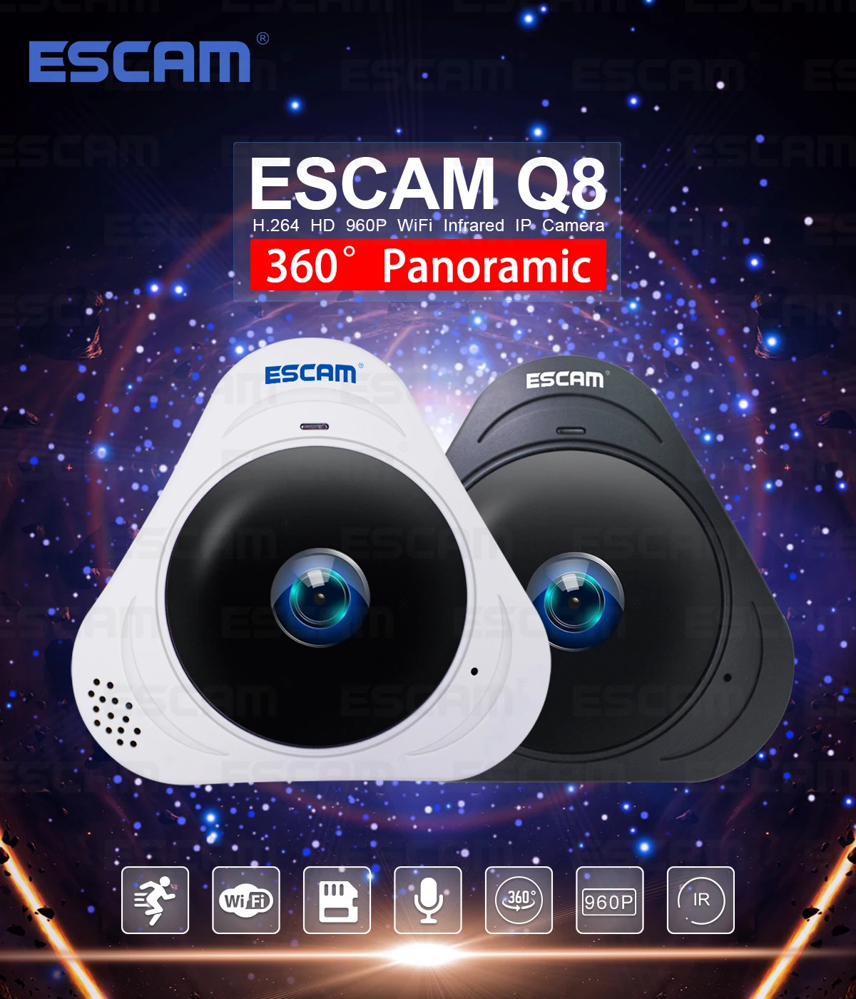 

ESCAM Q8 Yoosee APP 360 Degree Panoramic View VR IP Camera IR Night Vision Motion Detection Intercom Home Security CCTV Monitor