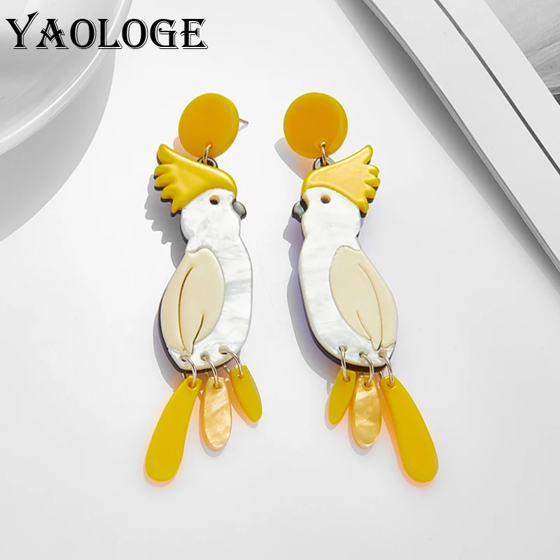 YAOLOGE New Trend Yellow Parrot Acrylic Earrings For Women Fashion Cartoon Cute Birds Girls Ear Jewelry Party Handmade Gift