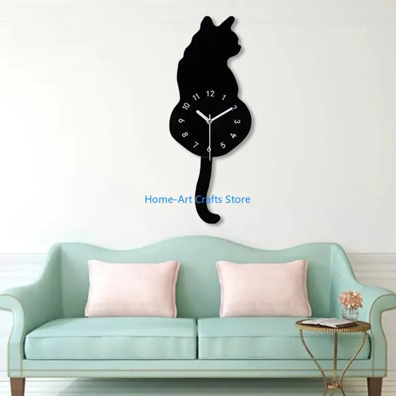 Y3NA Silent for Cat Pendulum Wall Clock with Moving Tail for Home Wall Decor Xmas gif