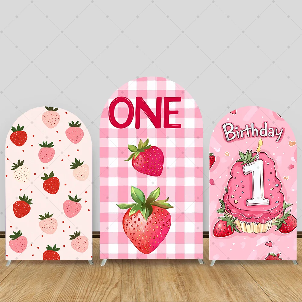 

Sweet Strawberry Arched Photo Backdrop Berry is 1st Birthday Pink Double-Sided Arch Background Photo Studio