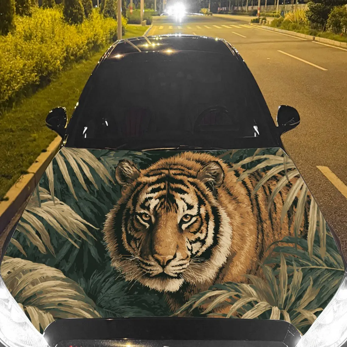 Car Decal Tiger in Tropical Foliage Background & Artistic, Vivid Visual Details Car Hood Sticker, Waterproof Self - Adhesive Vin