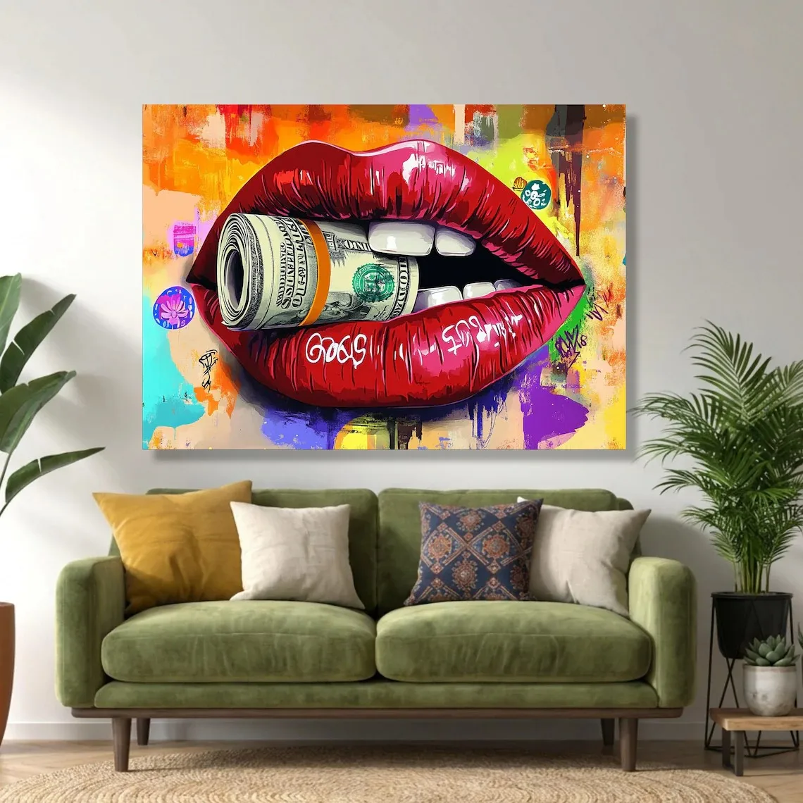 Luxury Lips and Money Canvas Print, Sexy red lips and dollar posters, Modern Pop Art, Glamorous Fashion Decor for Lounge or Bar
