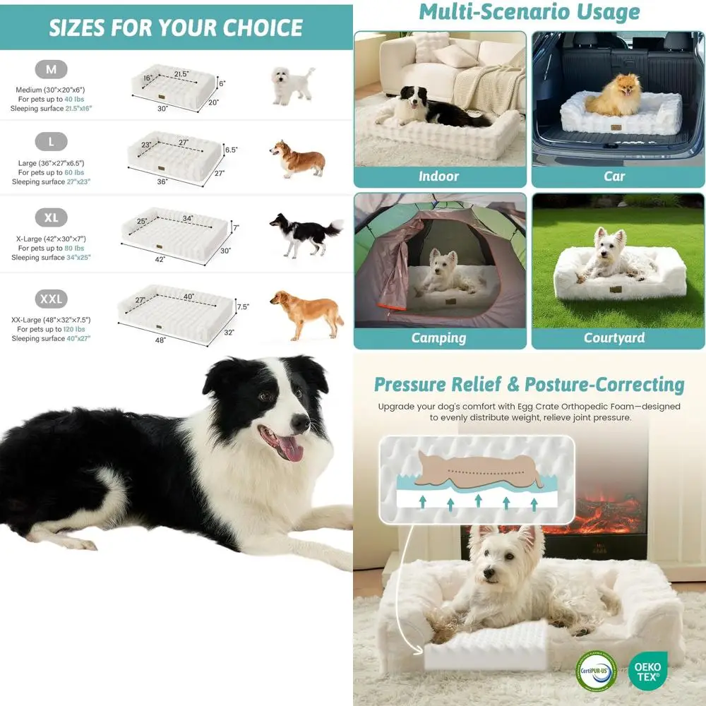 

Orthopedic XL Dog Bed with Faux Rabbit Fur, Waterproof Cover, Anti-Slip U-Shaped Sofa for Large Dogs, 42x30x7 Beige