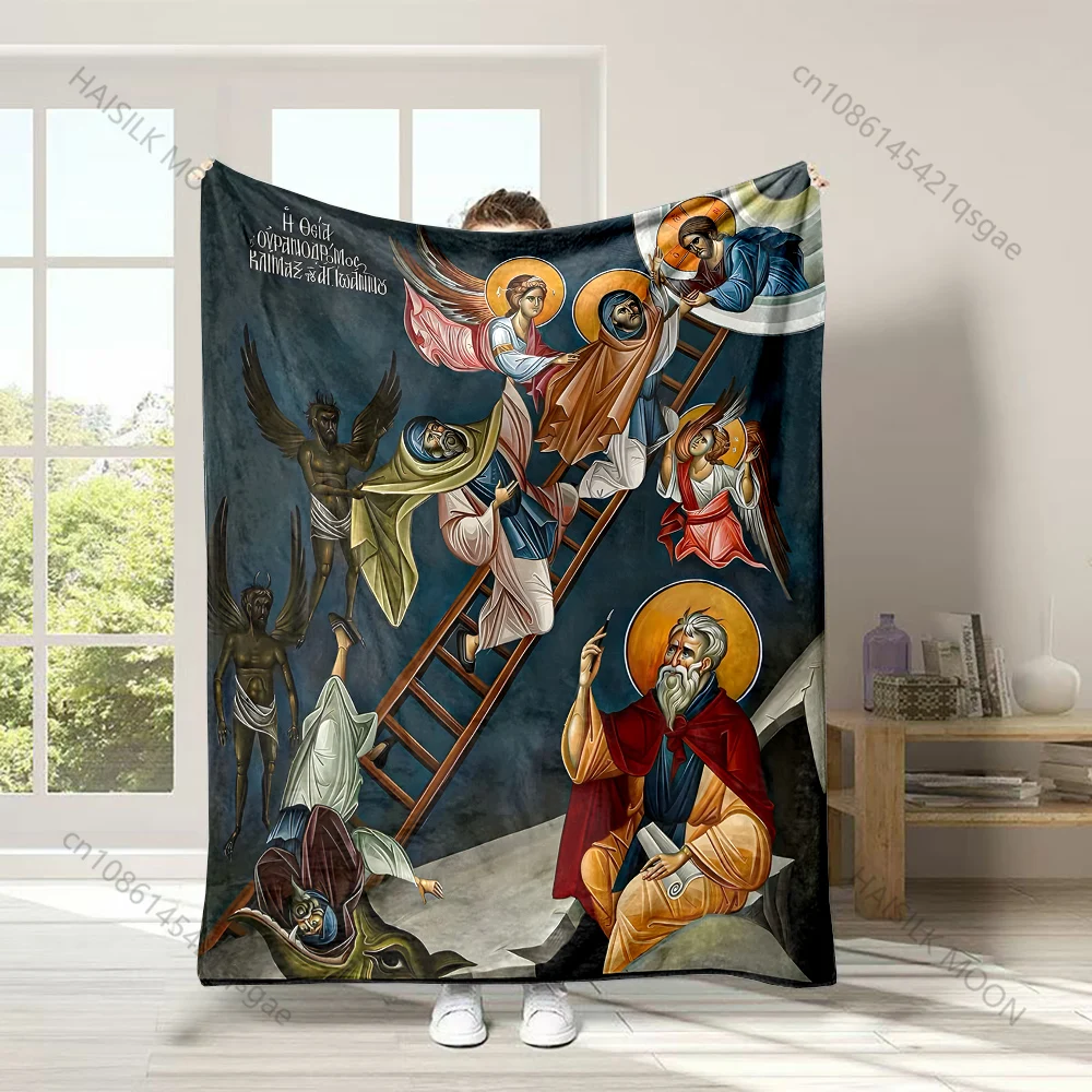 1PC Ladder and heavenly figures Faith-printed Flannel Blanket Soft and Warm Suitable for Home Travel Picnics Camping and RV