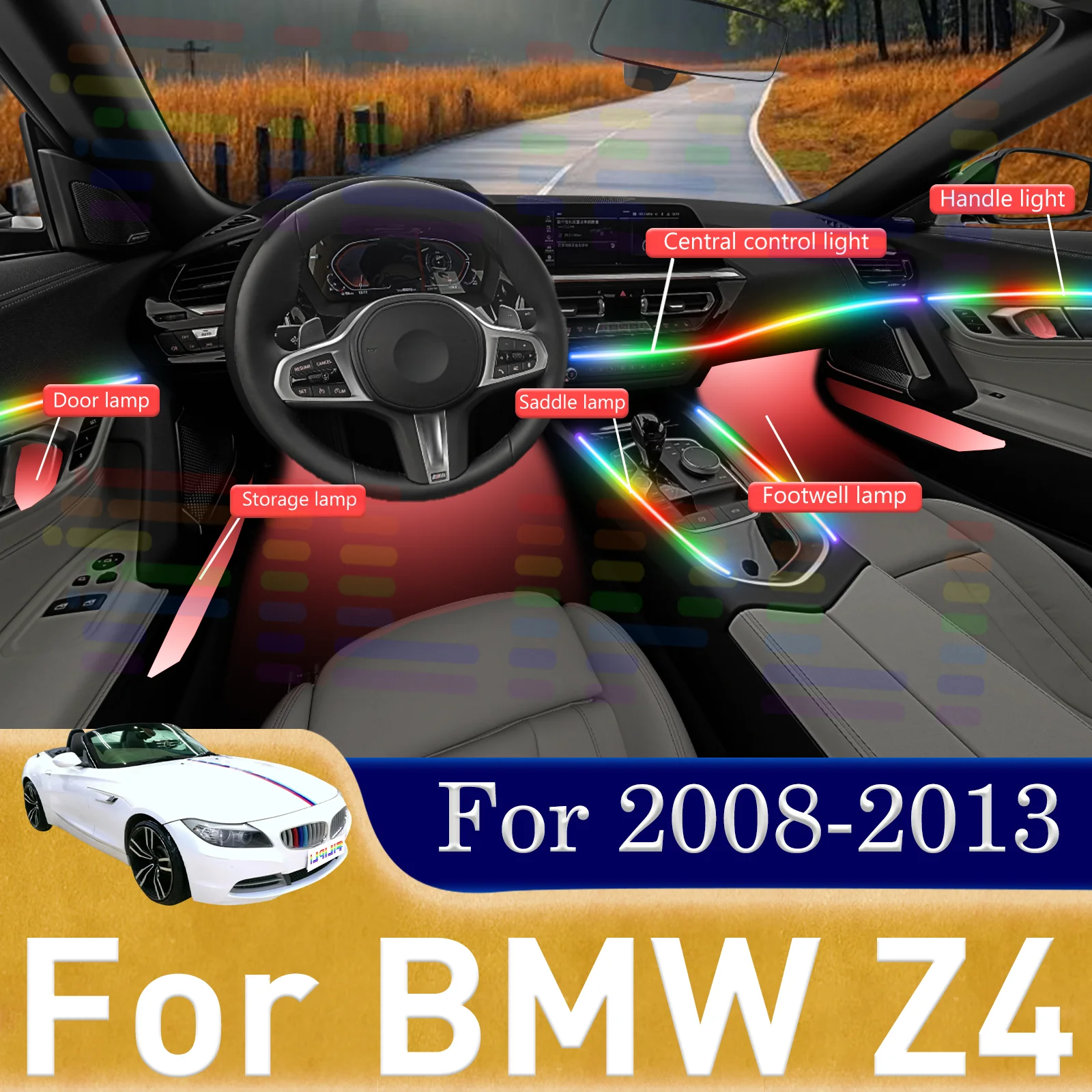 

18-в-1 светодиодные лампы для BMW Z4 E85 E86 E89, цветная атмосферная подсветка, неоновая лента для салона автомобиля, 64 RGB-цвета, 64 цвета.