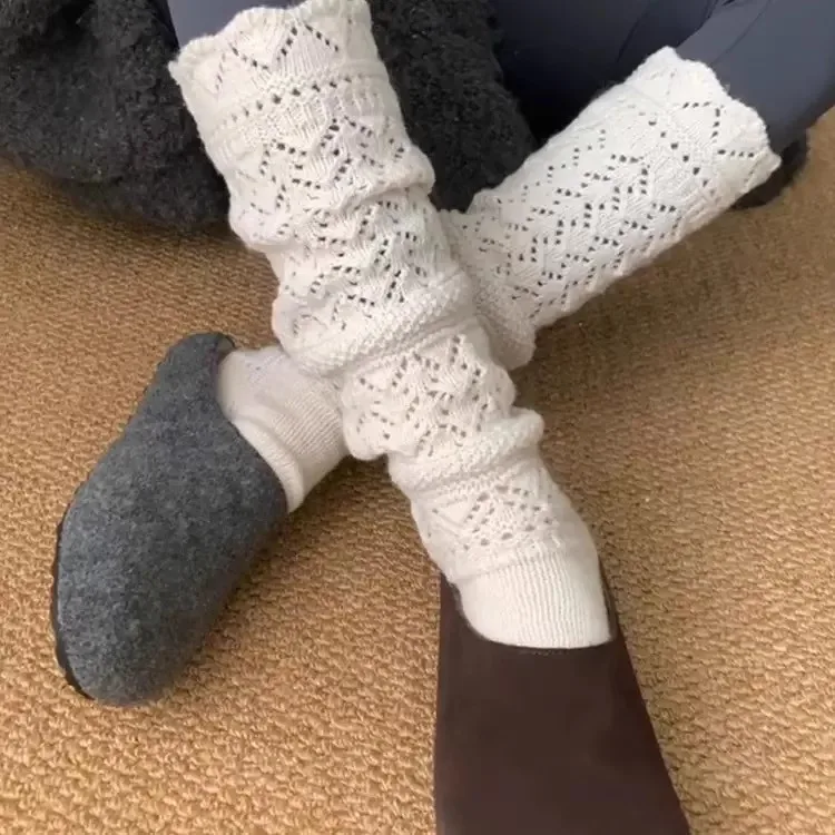 3 pary jesienno-zimowych bawełnianych dzianinowych skarpet do połowy łydki, ażurowe, modne, wygodne skarpety zakrywające nogi dla kobiet i dziewcząt, do noszenia w domu, długie pończochy