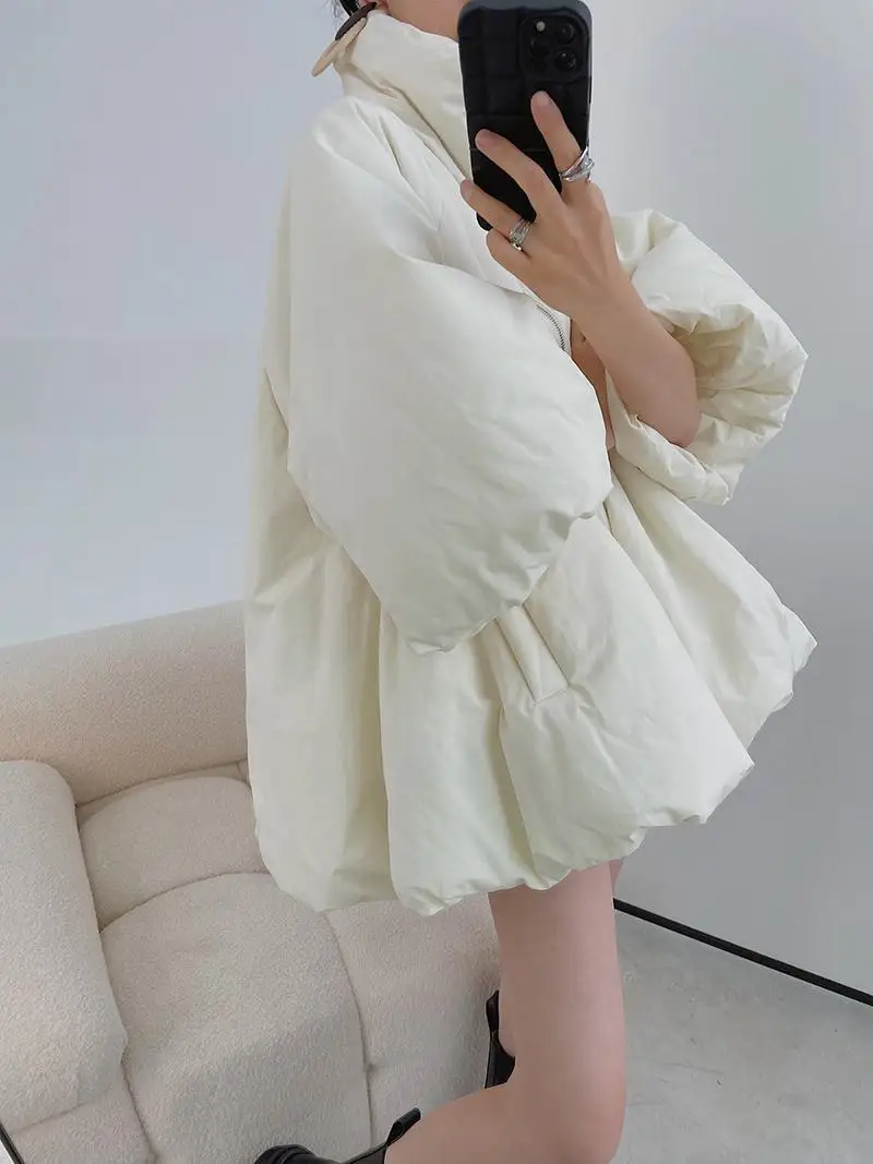 

2025 Autumn Winter Parkas White Loose Style Long Coat Short Sleeve Keep Warm Women Jacket Sweet Korean