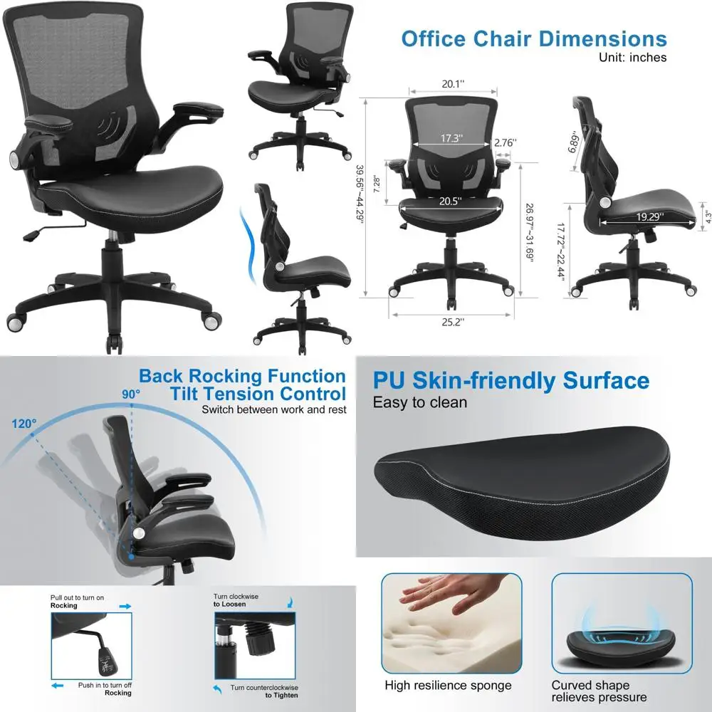 

Ergonomic Swivel Desk Chair with Adjustable Lumbar Support and Flip-up Arms for Home Office