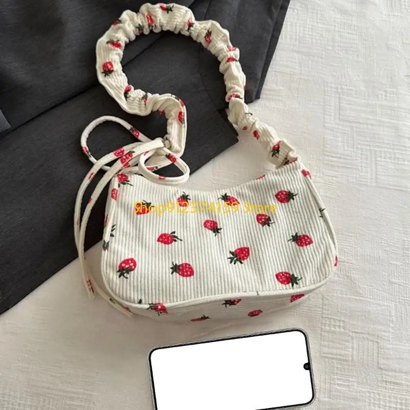 

G5AE Stylish Strawberry Ruched Shoulder Bag With Adjustable Strap Large Capacity Crossbody Bag For Daily Travel And Shopping