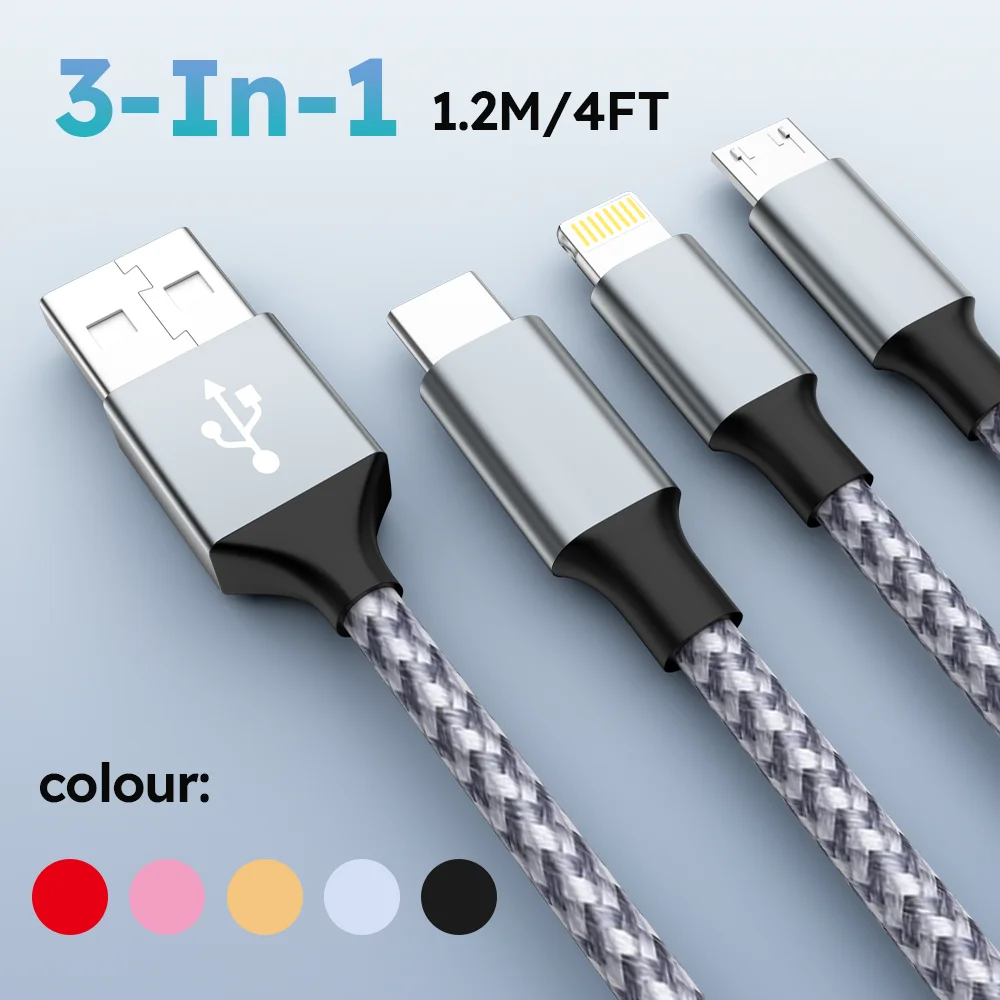 

3 In 1 USB Fast Charging Cable Type C Micro IOS Multi Charger Cable for iPhone Huawei Samsung Nylon Braided Cord