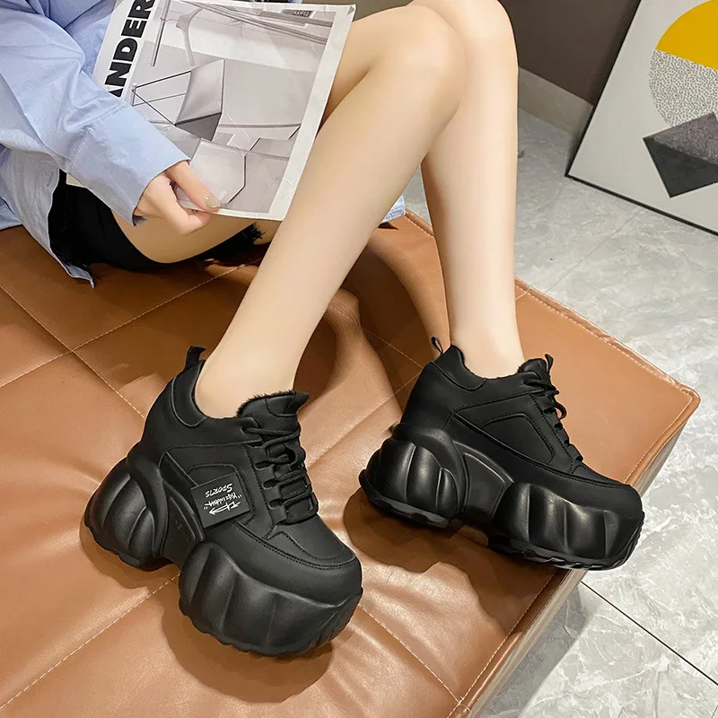 Women Warm Fur Chunky Sneakers 10CM Heels Thick Sole Casual Ladies Plush Vulcanized Shoes High Platform Leather Sneakers Woman