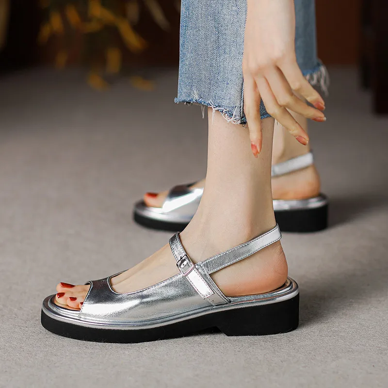 FEDONAS Peep Toe Low Heels Women Sandals Genuine Leather Working Casual Summer Shoes Woman Fashion Concise 2024 New Arrival