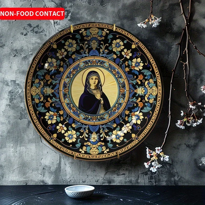 1pc Vintage Religious Ceramic Wall Art Plate - Hand-Painted Lady with Rosary Round Decorative Plaque, Non-Food Contact Ceramic