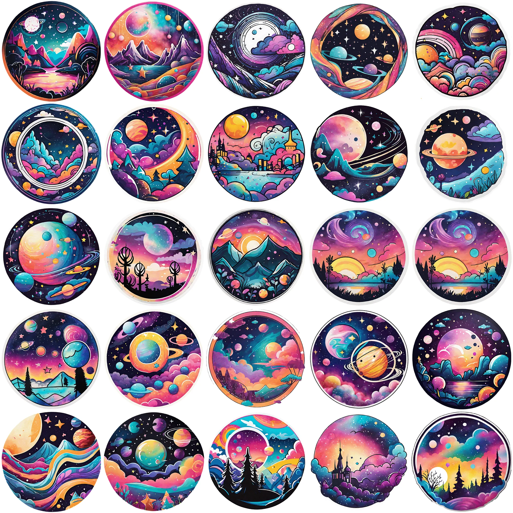 50 pieces of Dreamy Universe Graffiti Circular Stickers Colorful Cartoon  Stickers Set for Creative DIY Projects