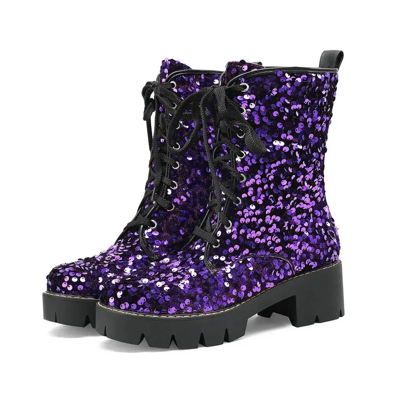 Sequins Bling Glitter Party Goth Shoes For Women Shiny Pink Blue Purple Lace-up Platform Chunky Heels Ankle Motorcycle Boots