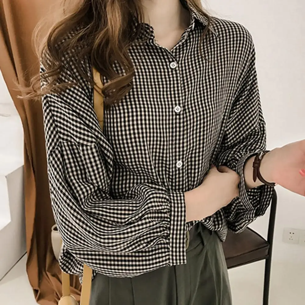 Plaid Women Shirt Women Early Autumn Loose Lantern Sleeve Checkered Shirt Long Sleeve Top Shirt Jacket Women Casual Tunic Shirts