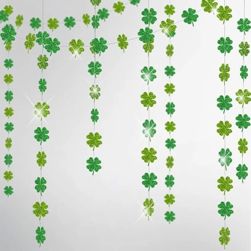 Glitter Shamrock Clover Garland for St Patricks Day Decor Streamer Banner Hanging Saint Clover Green Birthday Parties Supplies