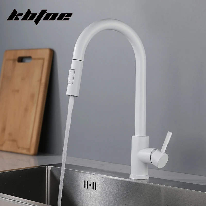 

Black/White Kitchen Faucet Pull Out Sprayer Single Handle Hot Cold Water Sink Mixer Tap Deck Mounted Washing Tap Stainless Steel
