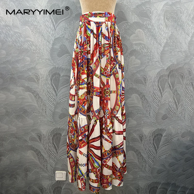 MARYYIMEI Casual printed silk skirt with waist and versatile long skirt 2026 autumn fashion women's new style