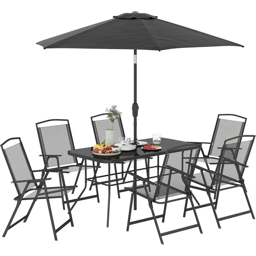 

Черный комплект для обеденной зоны на открытом воздухе из 8 предметов: стол, зонт и 6 удобных стульев