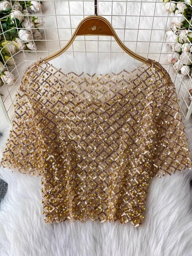 

French Vintage Shirts O Neck Short Sleeve Crop Tops Beading Sequined Solid Color Blouses Summer All Match 2025 Women's Clothing