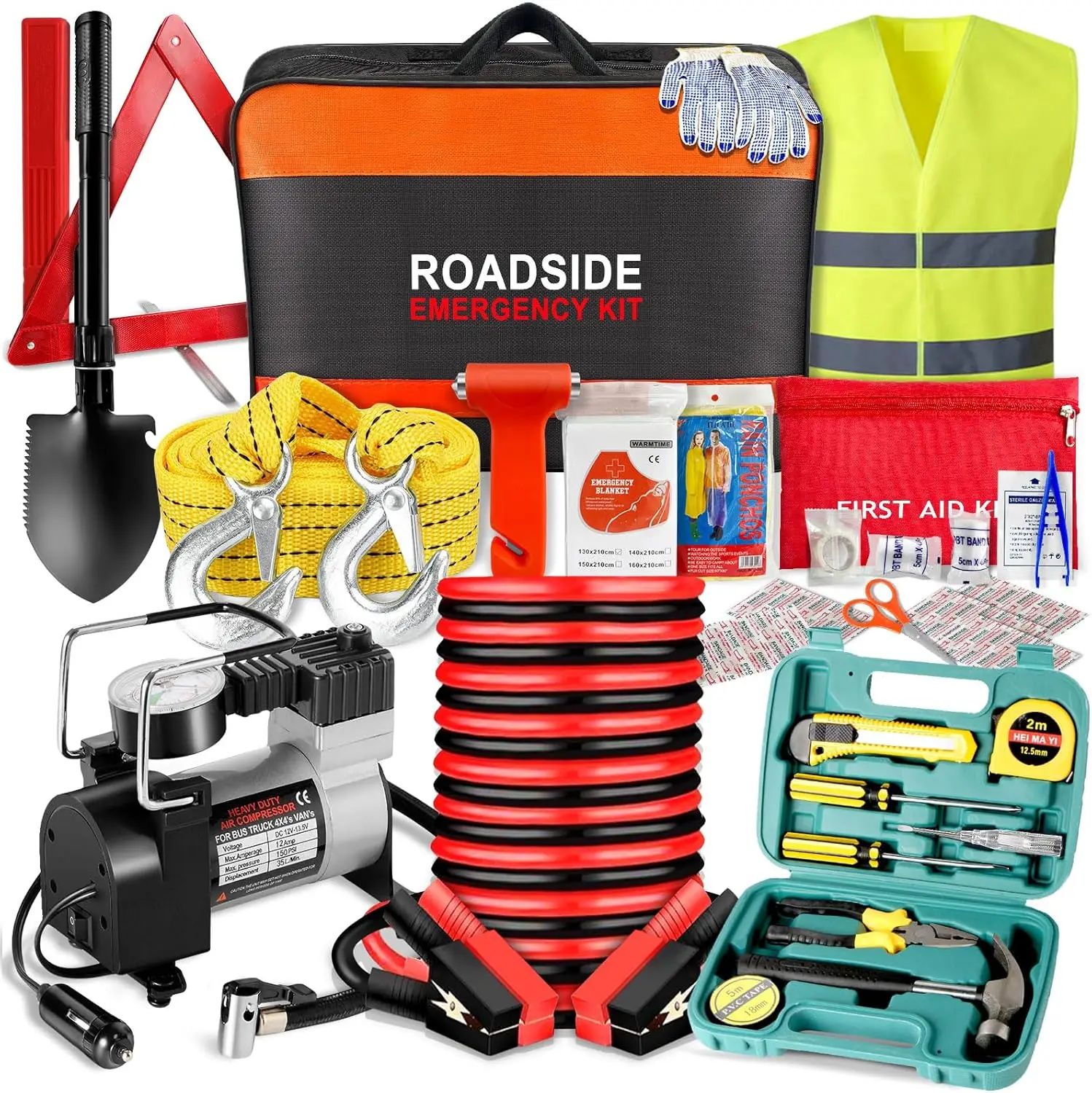 

Car Emergency Kit with Air Compressor, Jumper Cables, Shovel & First Aid for Vehicles