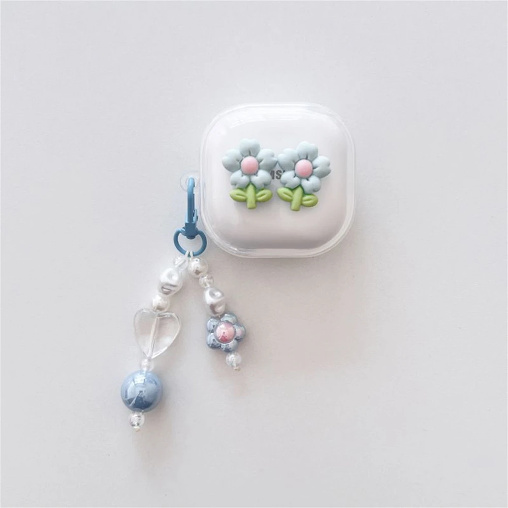 Kawaii Cute 3D Blue Flower Earbuds Headphones Soft Case For Samsung Galaxy Buds Live With Keychain Case For Samsung Buds 2 Pro