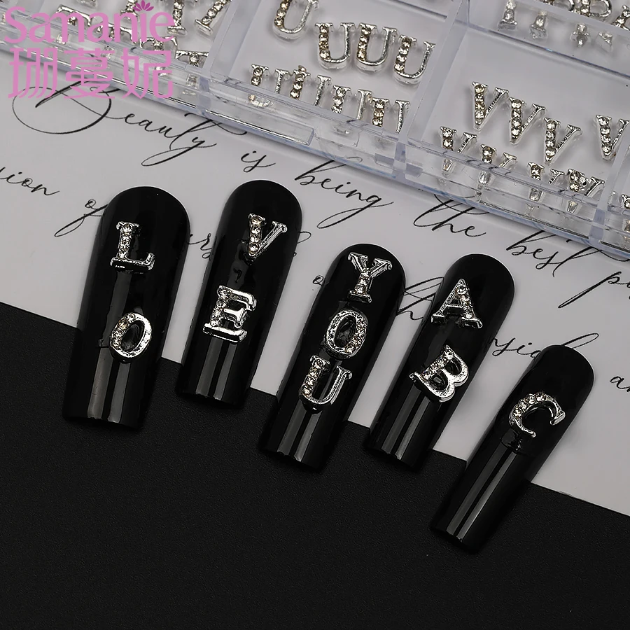 24Grids Mixed 3D Alloy Rhinestone 26 Alphabet Nail Charms Simple Silver Color A-Z English Letter Custom Nail Art DIY Accessories