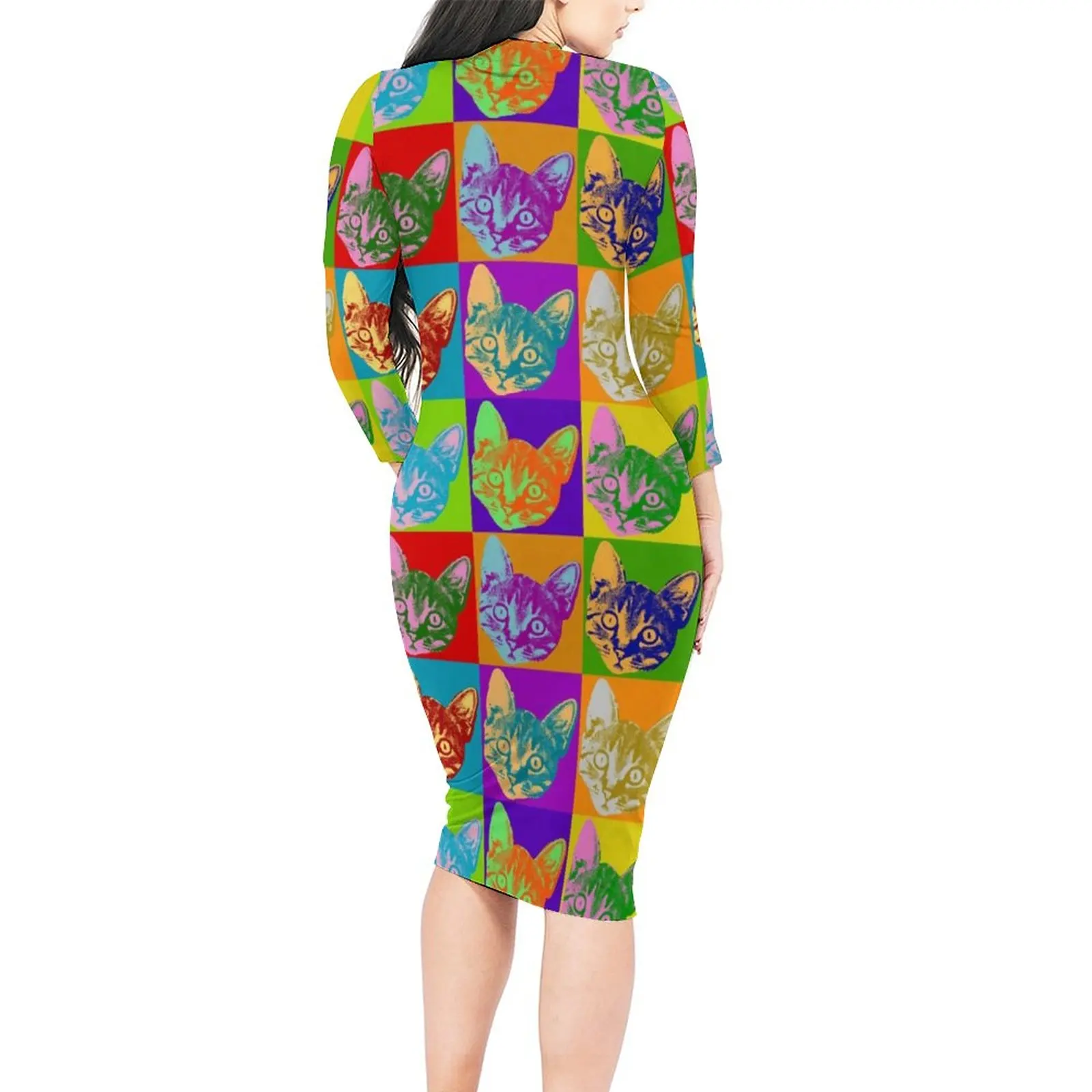 Cat Pop Art Bodycon Dress Autumn Cats Kitty Print Retro Dresses Women Long Sleeve Design Streetwear Dress Large Size